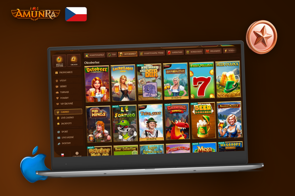 Obrazovka notebooku s průběhem automatické aktualizace desktopového klienta AmunRa Casino