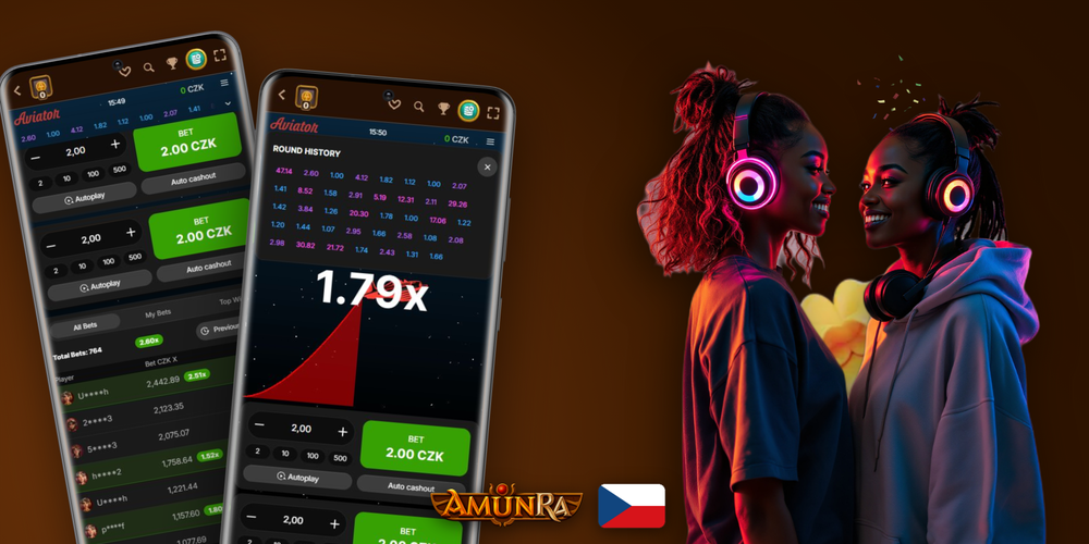 Herní rozhraní Aviatoru online v AmunRa Casino s multiplikátorem 2.47x a historií kol