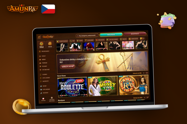 Velký monitor s desktopovým klientem AmunRa Casino pro Windows a macOS s egyptskou výzdobou