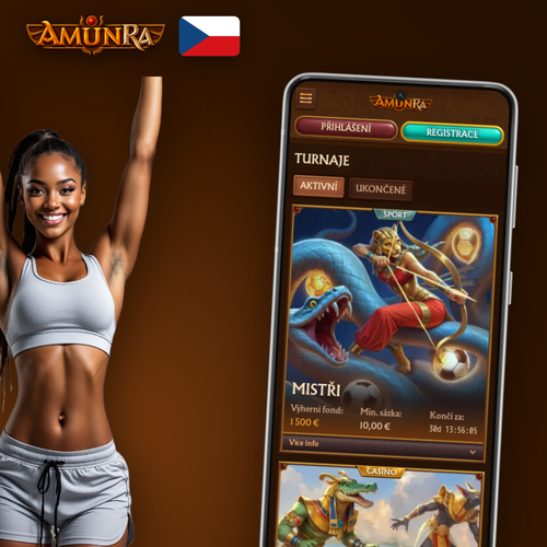 AmunRa Casino app na mobilním telefonu s egyptským pozadím a tlačítkem stáhnout