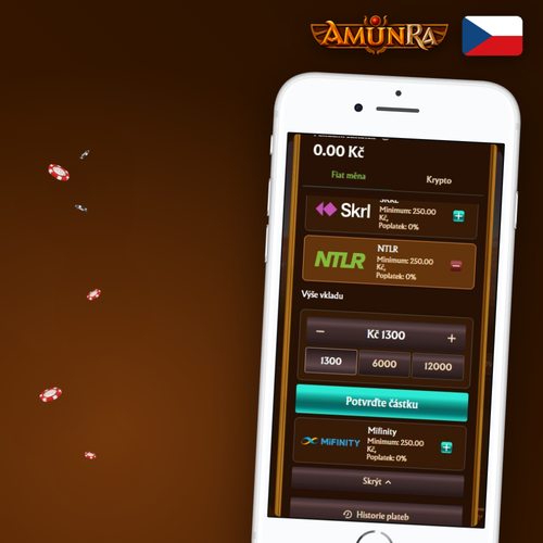 AmunRa Casino vklad na mobilu – platební obrazovka s kartami, e-peněženkami a kryptoměnami